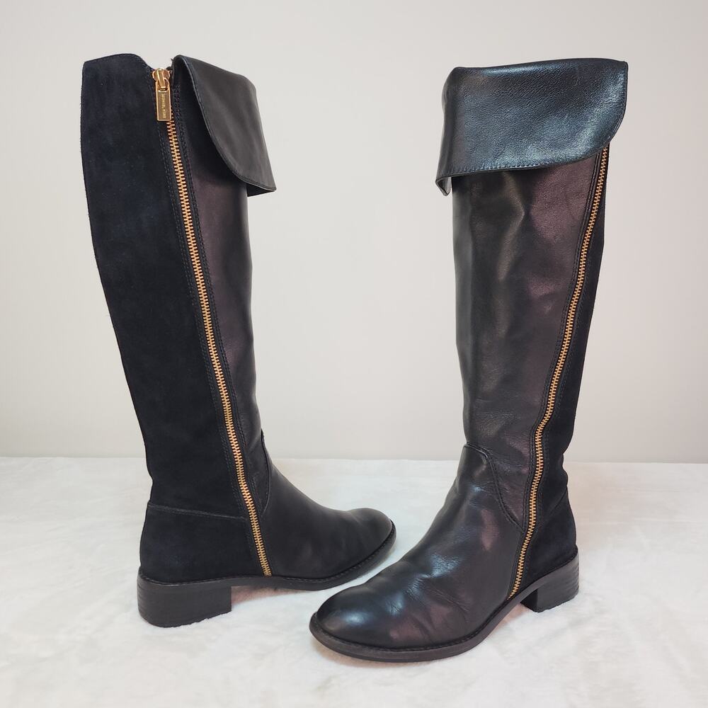 Whimsigoth Equestrian Black Leather Knee High Boots 7 Steampunk Gold Glam Goth - Picture 3 of 14